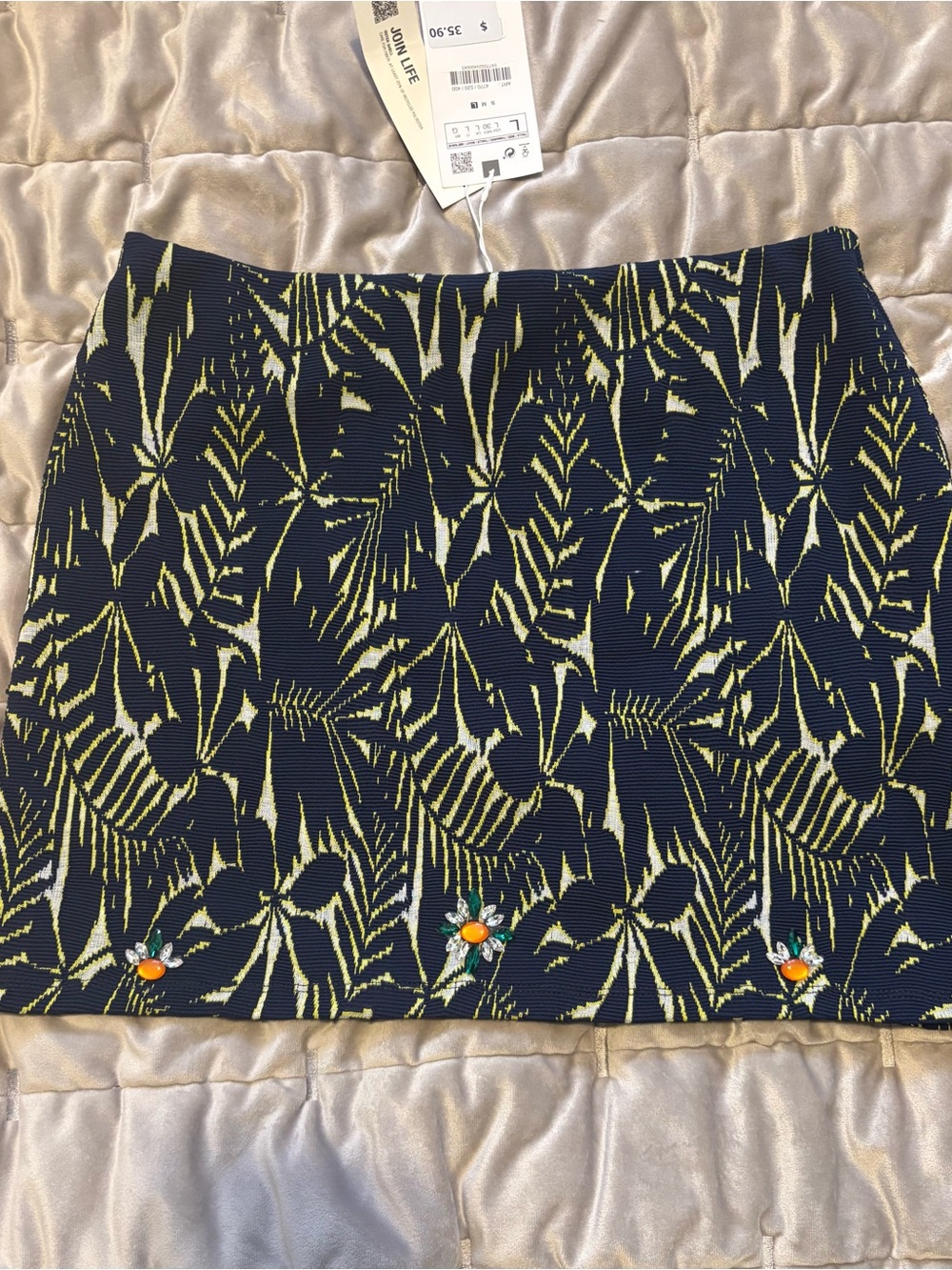 Zara Navy Mini Skirt with Yellow Leaf Print and Orange Embellishments
